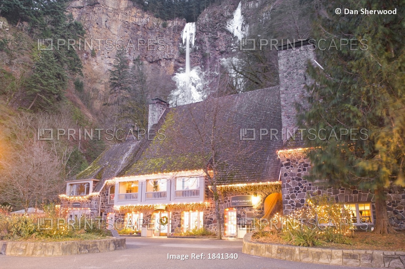 Multnomah Falls And Lodge In Winter; Columbia River Gorge, Oregon, Usa