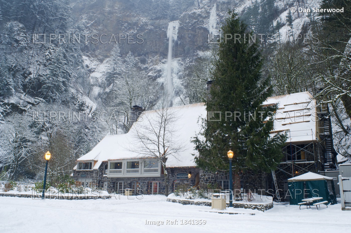 Multnomah Falls And Lodge Covered With Snow; Columbia River Gorge, Oregon, Usa