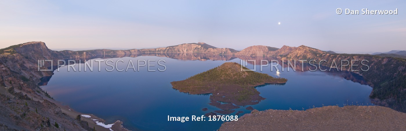 Oregon, United States Of America; Moon Rise Over Wizard Island In Crater Lake