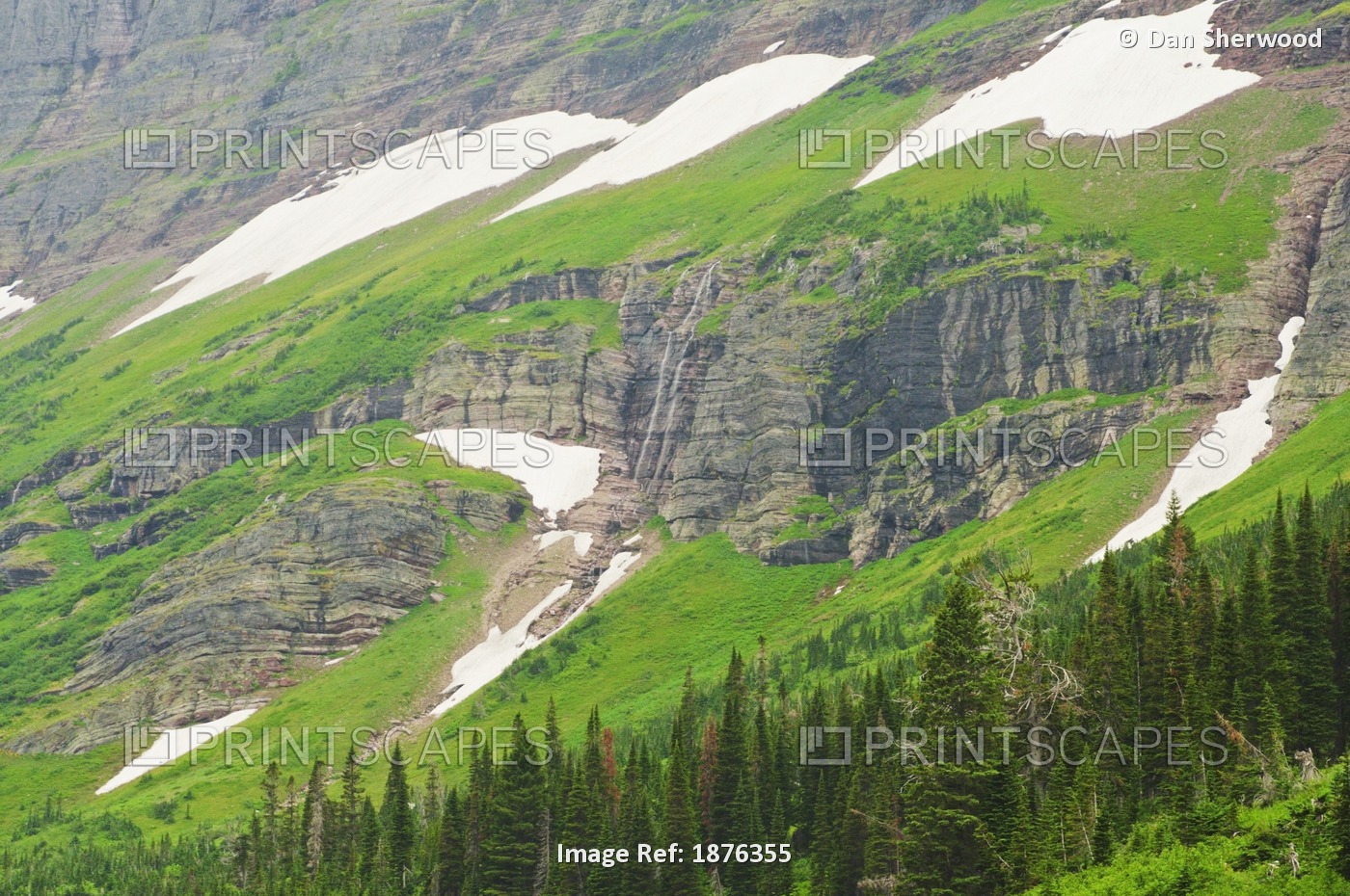 Montana, United States Of America; Waterfalls And Summer Snow On Mt. Helen In ...